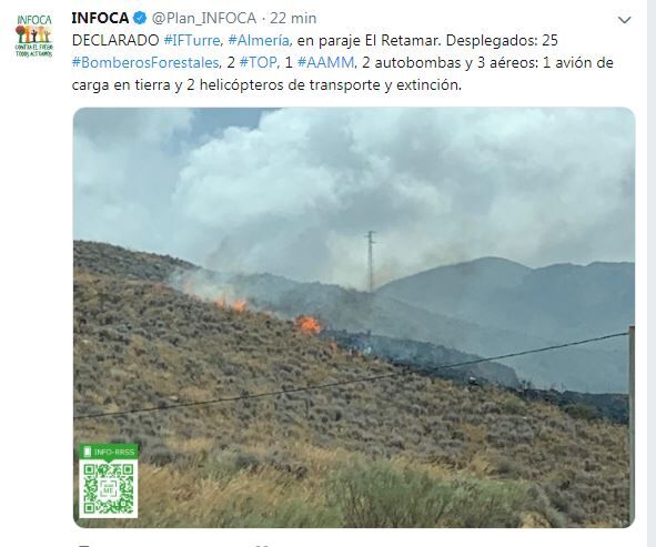 ALERT: Calls to the 112 emergency number raised the alarm. CREDIT: INFOCA Twitter - @plan_infoca