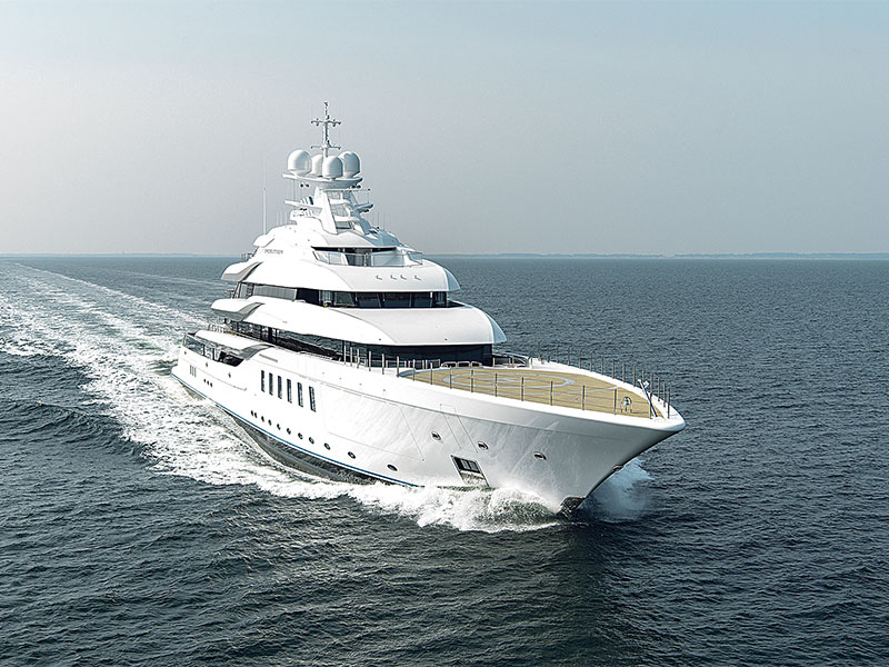 Superyacht MADSUMMER, one of three superyachts delivered this year by the shipyard Lurssen and on show at the Monaco Yacht Show.