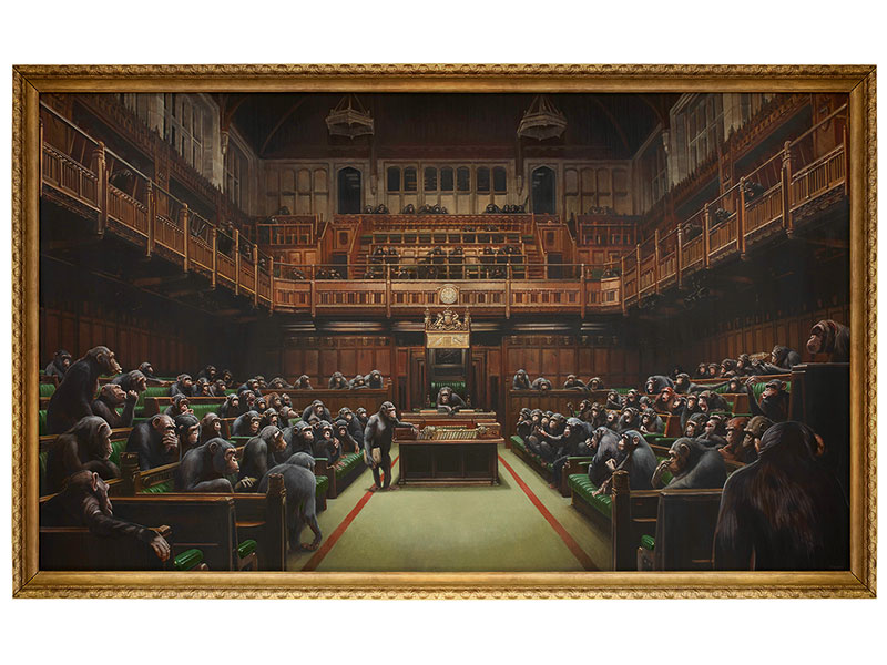 Banksy, Devolved Parliament, 2009, oil on canvas, 267 446 cms (Est US$1.8 - US$2.4 million)