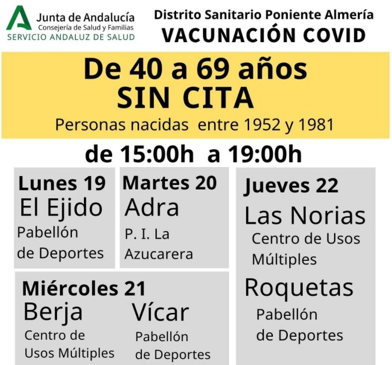 Walk-in vaccinations announced in Almeria’s Poniente health district