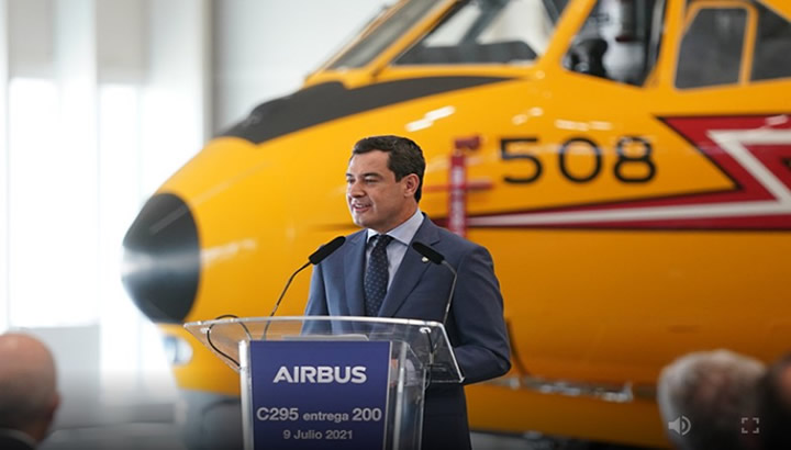 Juanma Moreno attends the delivery of the 200th Airbus C295 aircraft