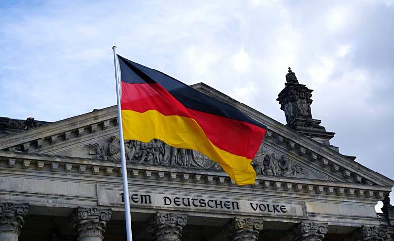 German flag blowing next to government building
