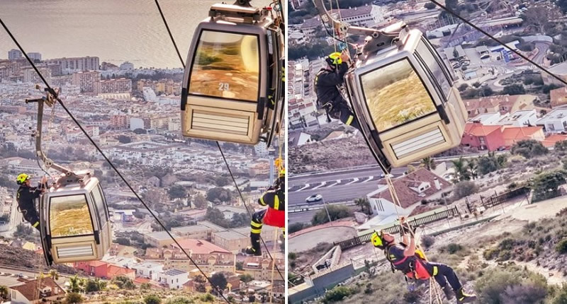 Benalmadena firefighters carry out spectacular rescue exercise in the cable cars