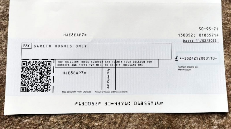 Man receives a cheque for £2trillion compensation from Northern Powergrid