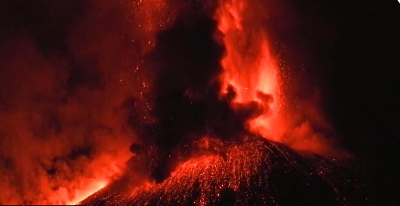 Spectacular Mount Etna volcano eruption with lightning storm