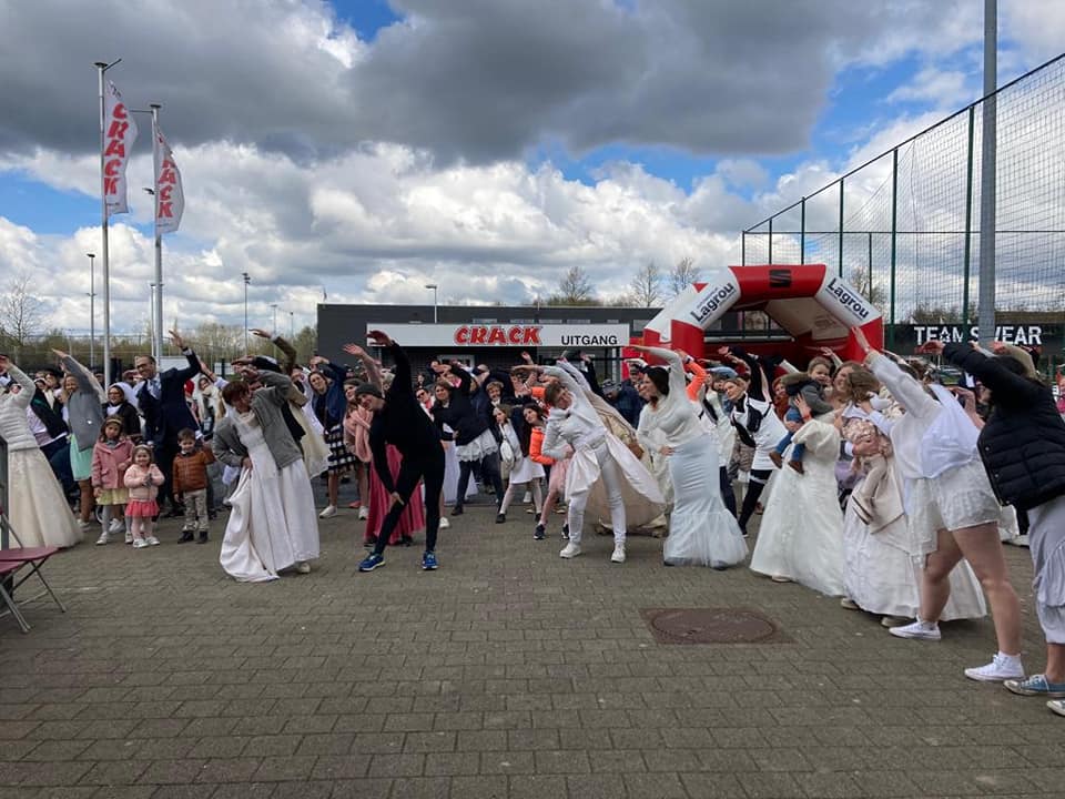 The brides limbered up before the start of the race