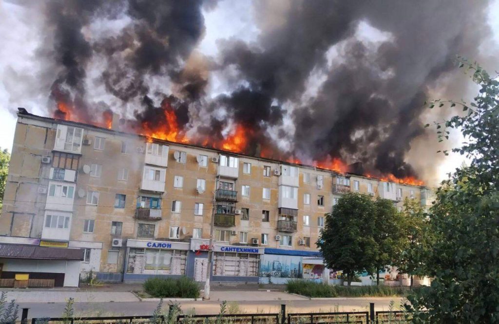 Residential building on fire after Russian missile strike in Avdiivka Ukraine donetsk russia