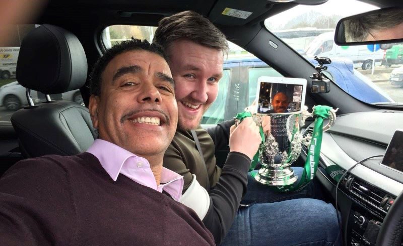 Two jokers, Chris Kamara and Darren Farley with the Caraboa Cup