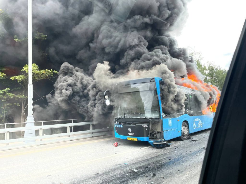 Shock as passenger bus catches fire after collision in Moscow, Russia
