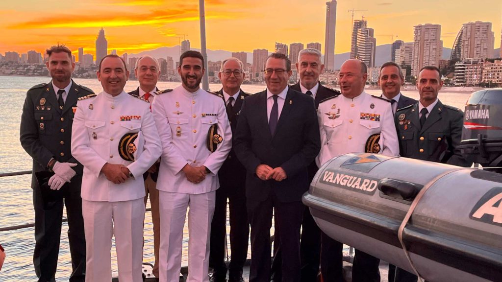 Sunset ceremony aboard navy boat in Benidorm (Alicante) on Spain's National Day