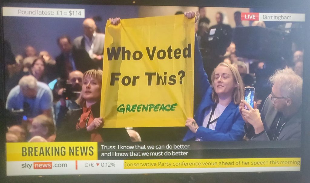 WATCH: Greenpeace activists interrupt UK Prime Minister Liz Truss' speech at CPC22