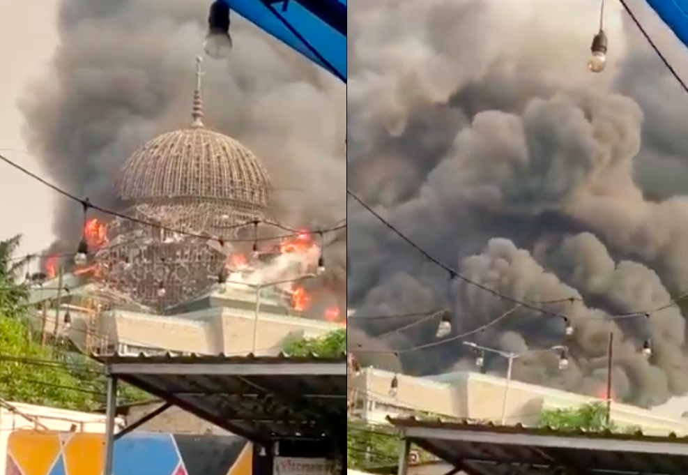 Shocking scenes as mosque dome in Jakarta collapses in fire