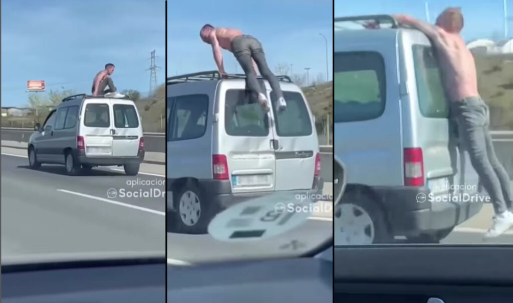 Shocking video shows crazed topless man hanging off a car roof on a motorway