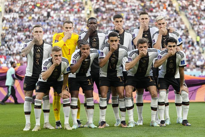 German players cover their mouths in protest of World Cup One Love ban