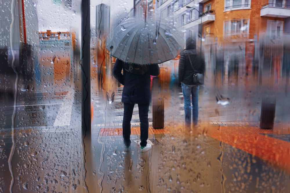 Image of a person walking under an umbrella in the rain.