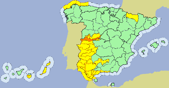 Orange and Yellow rain alerts for Southwestern Spain on Thursday