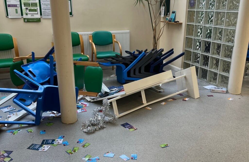 Angry patients vandalise GP waiting room in UK.