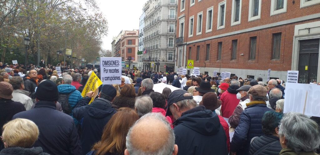 Thousands of health workers stage protest in Madrid for public healthcare cuts.