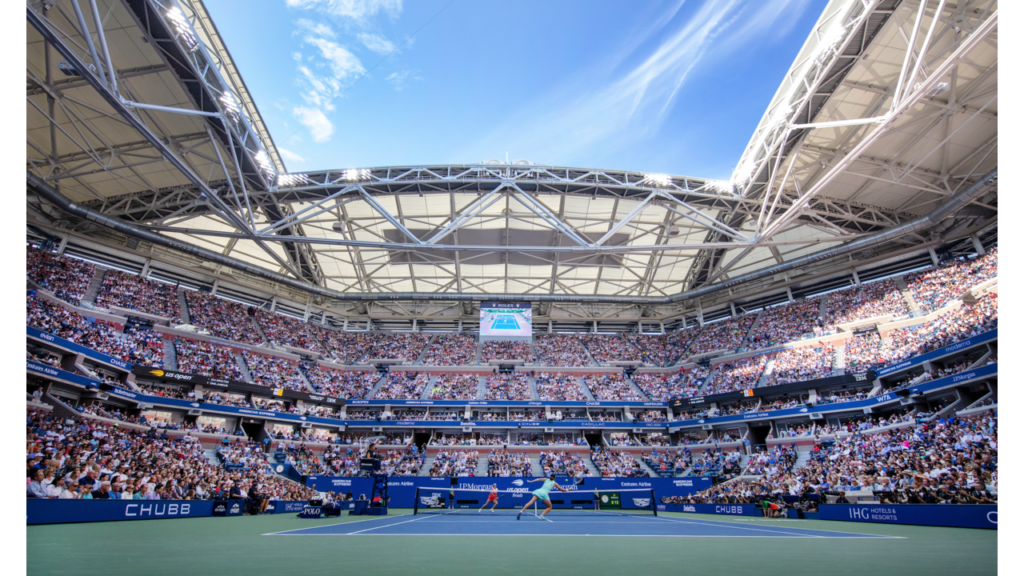 A wide angle shot of the famous US Open tennis court