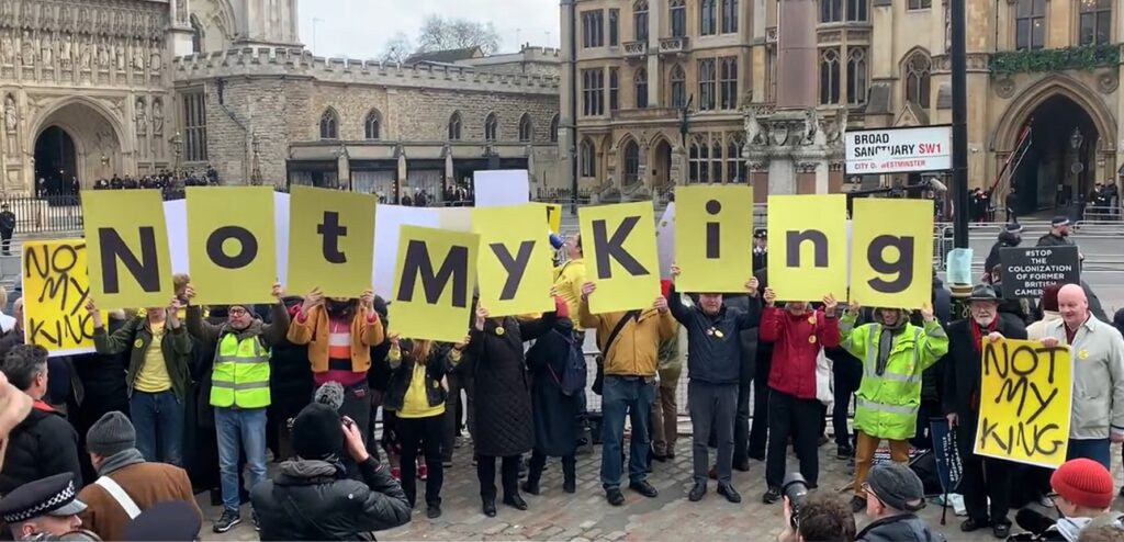 ‘NOT MY KING’ shout protestors as they surround Westminster Abbey on Commonwealth Day in the UK  