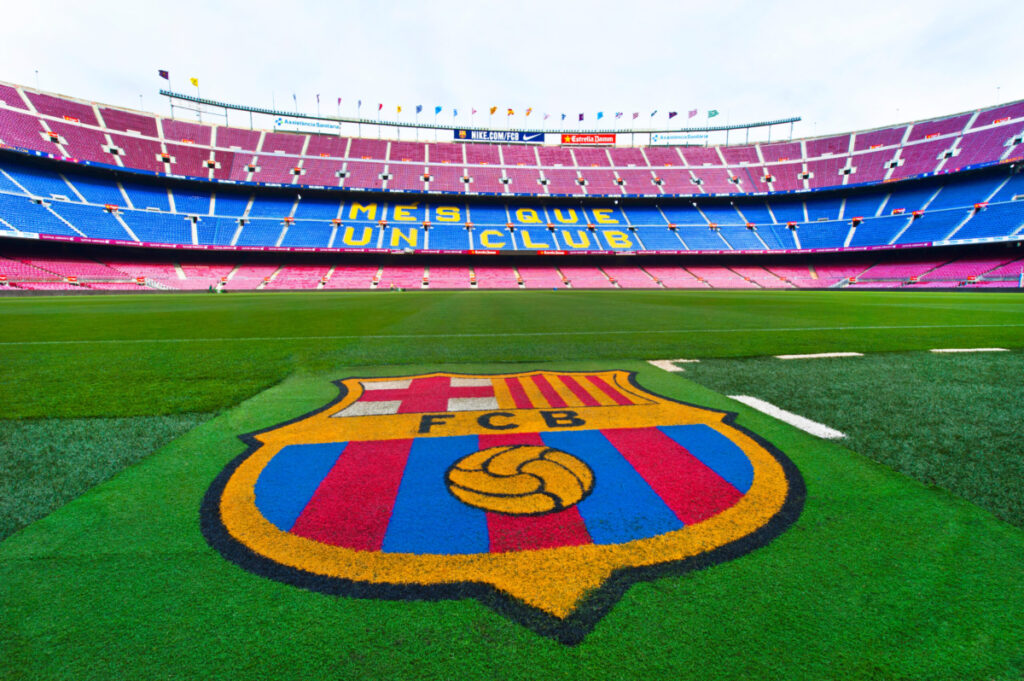 Image of the club's badge at Barcelona's Camp Nou Football Stadium.