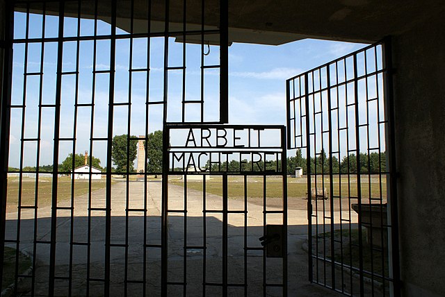 A grilled gate at Sachsenhausen concentration camp where the war criminal worked.