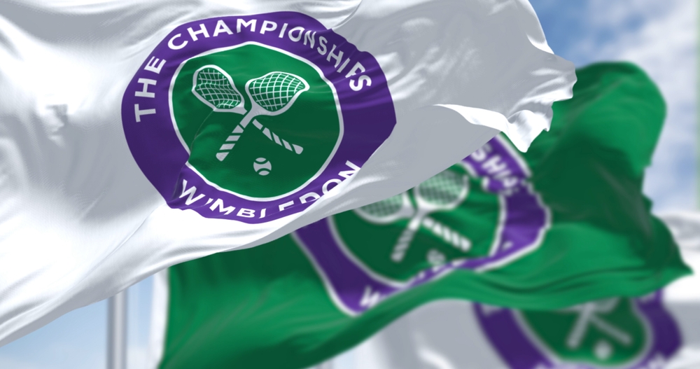 Image of flags flying at Wimbledon. 