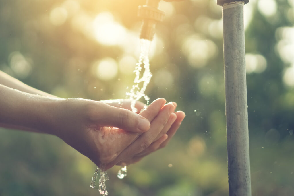 Water,From,Tap,To,Woman,Hand,In,Nature,Green,Park