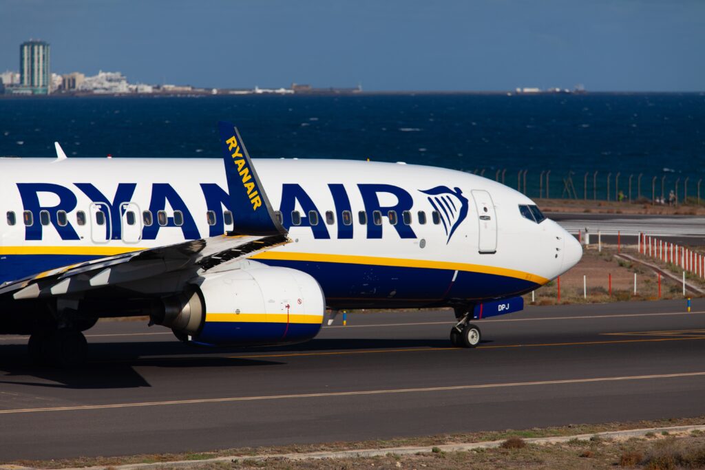 A Ryanair plane on the runway at a Spanish airport