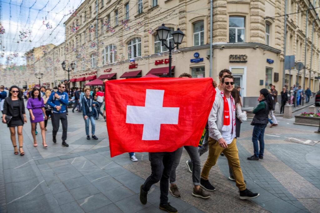 Switzerland football fans on the way to a game.