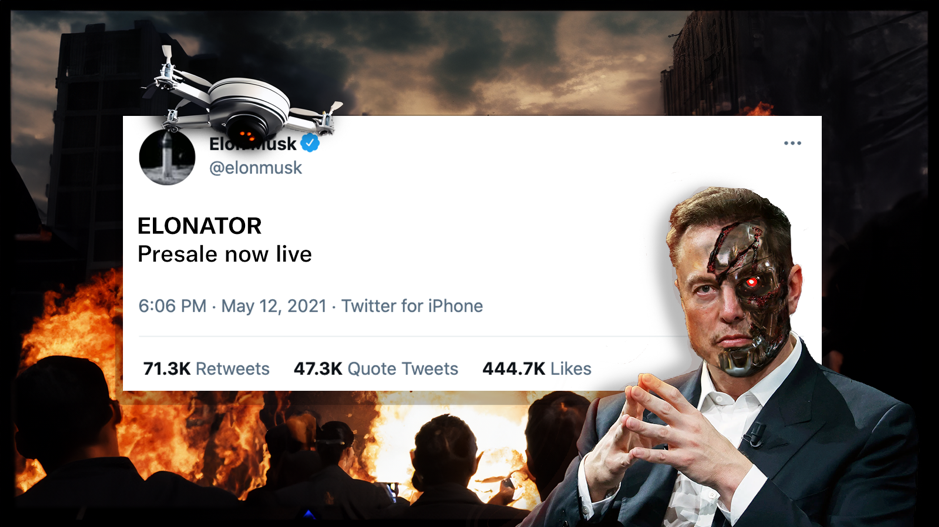 Elon with half face as terminator robot with picture of twitter screen