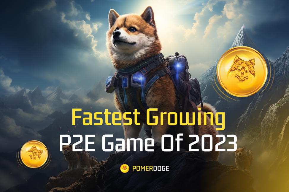 Picture of Pomerdoge on a mountain with a backpack on promoting P2E Game with 2 coins