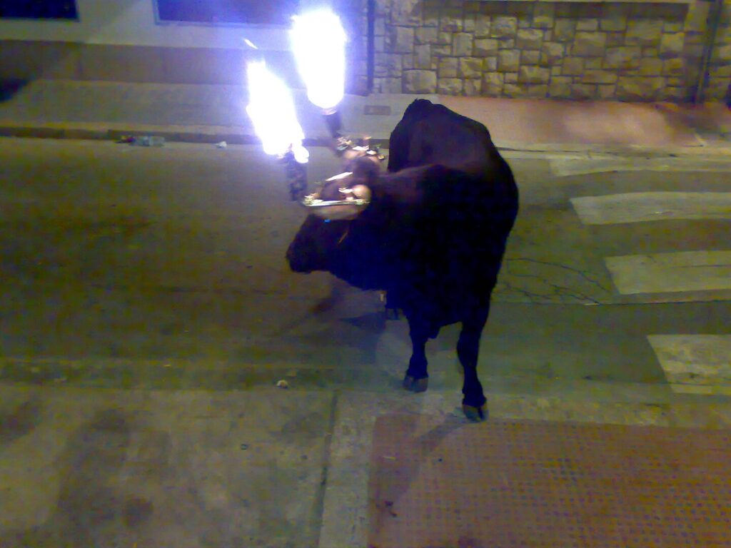 A bull with fire in its horns
