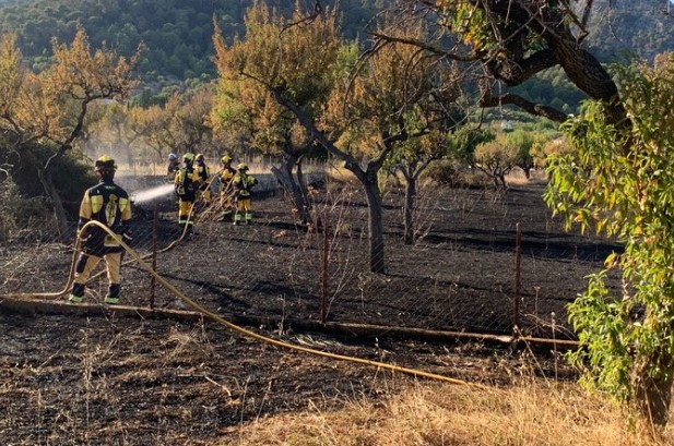 Image of firefighters tackling a fire in Caimari, Mallorca.