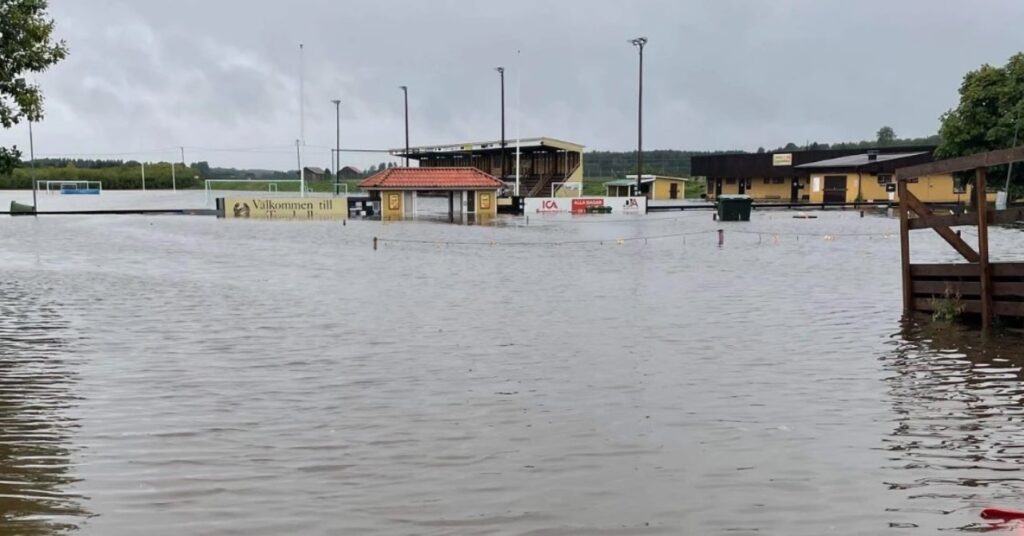 Image of Heby AIF's flooded pitch in Sweden.