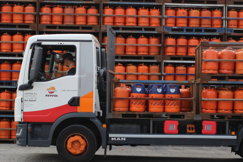 A lorry carrying gas bottles