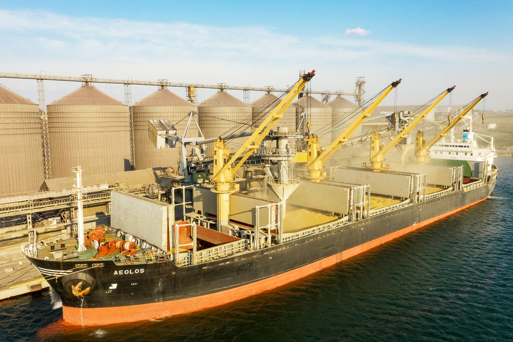 Image of a ship being loaded with grain In Odesa, Ukraine.