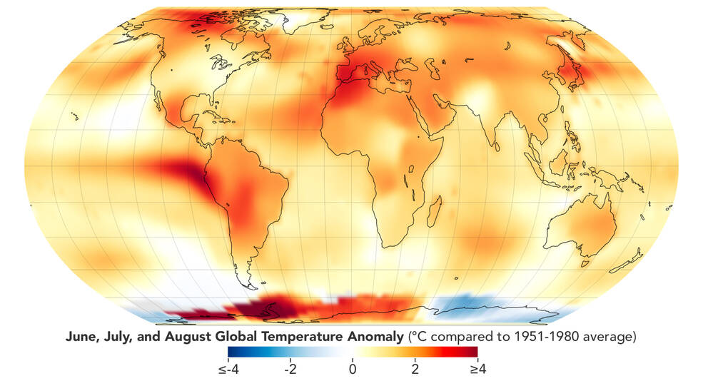 A map that depicts global temperature anomalies for meteorological summer in 2023