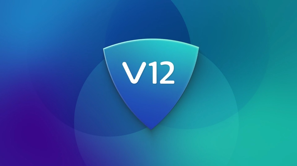 Different colour blue background with a shield shape with V12 in the middle