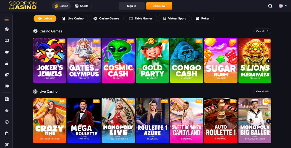 Screenshot of different casino games
