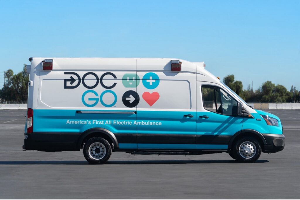 White and blue private ambulance for Doc Go