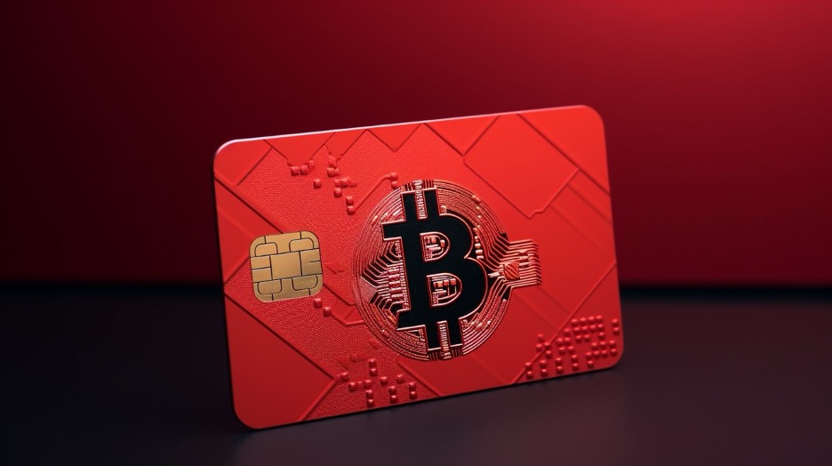 Red coloured credit card with the bitcoin symbol in the middle