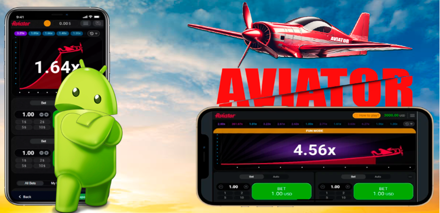 Picture of a prop plane flying over the word aviator on left side of picture a mobile phone with a mobbot