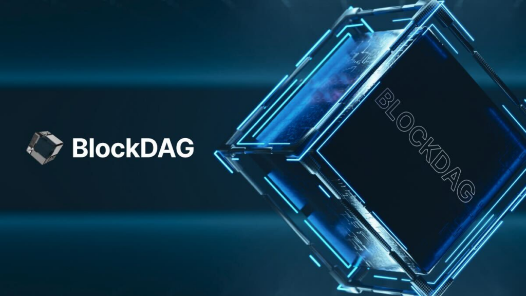 Black Silver background with picture of a cube with the word BlockDAG