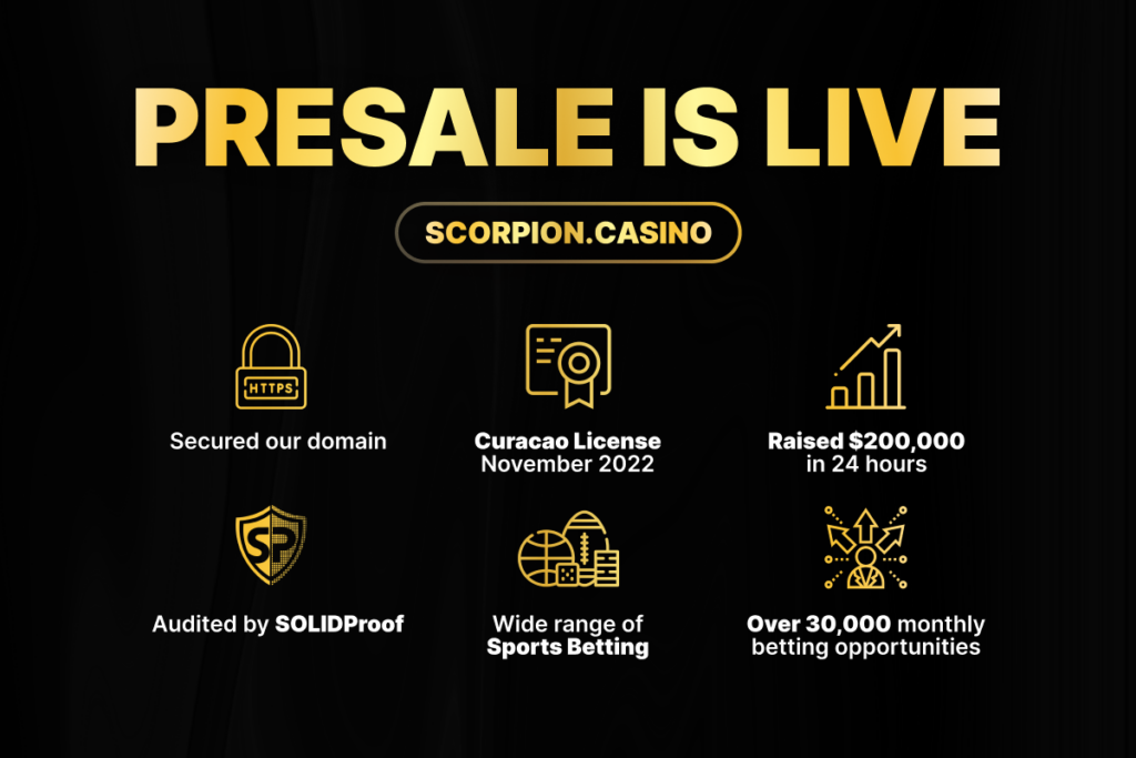 Black background with gold writing for PreSale is live Scorpion Casino