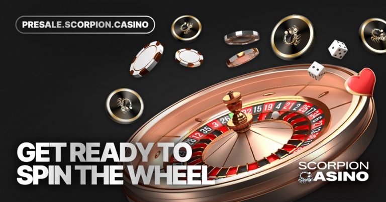Roulette wheel spinning with casino chips floating in air above the wheel