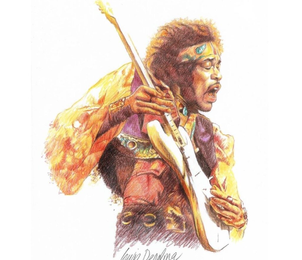 Coloured pencil drawing of Jimi Hendrix in concert