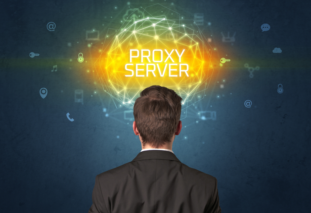 A man looking towards a glowing sphere with the words Proxy Server