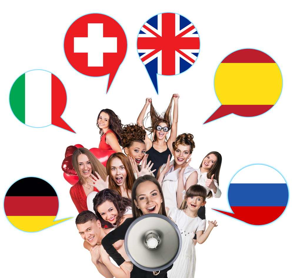 Group of people surrounded by different europe flags promoting learning different languages