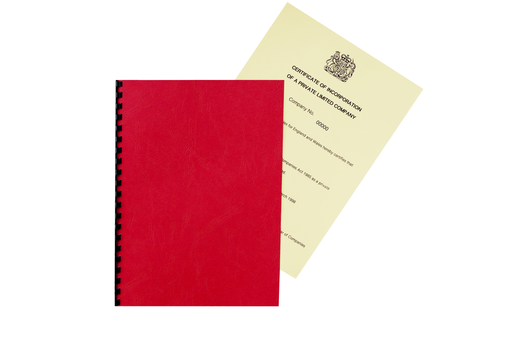 Red folder with a new company document sticking out